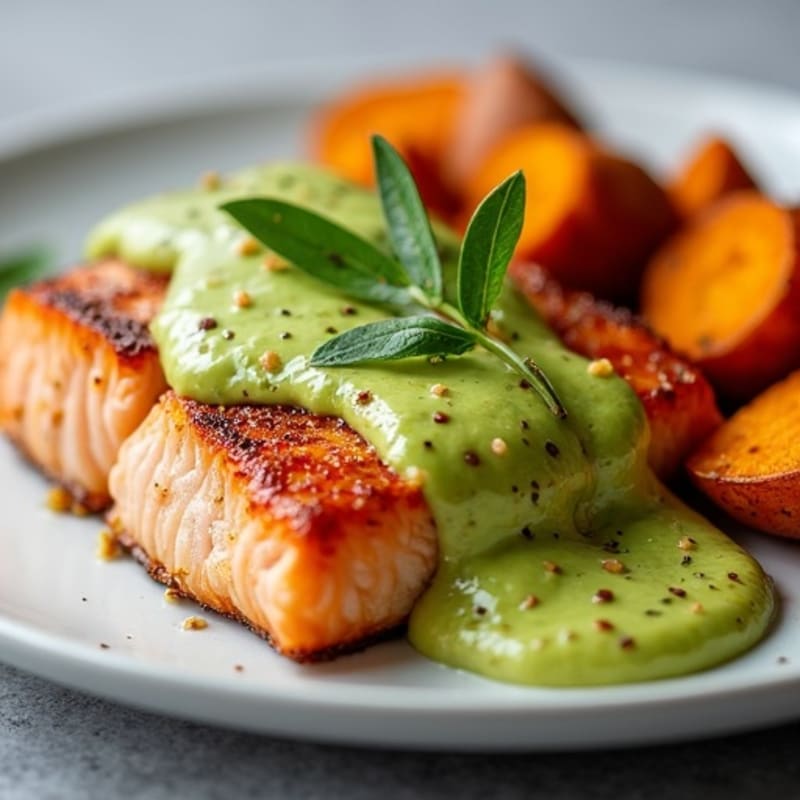 Pan-Seared Salmon with Creamy Avocado Sauce and Roasted Sweet Potatoes