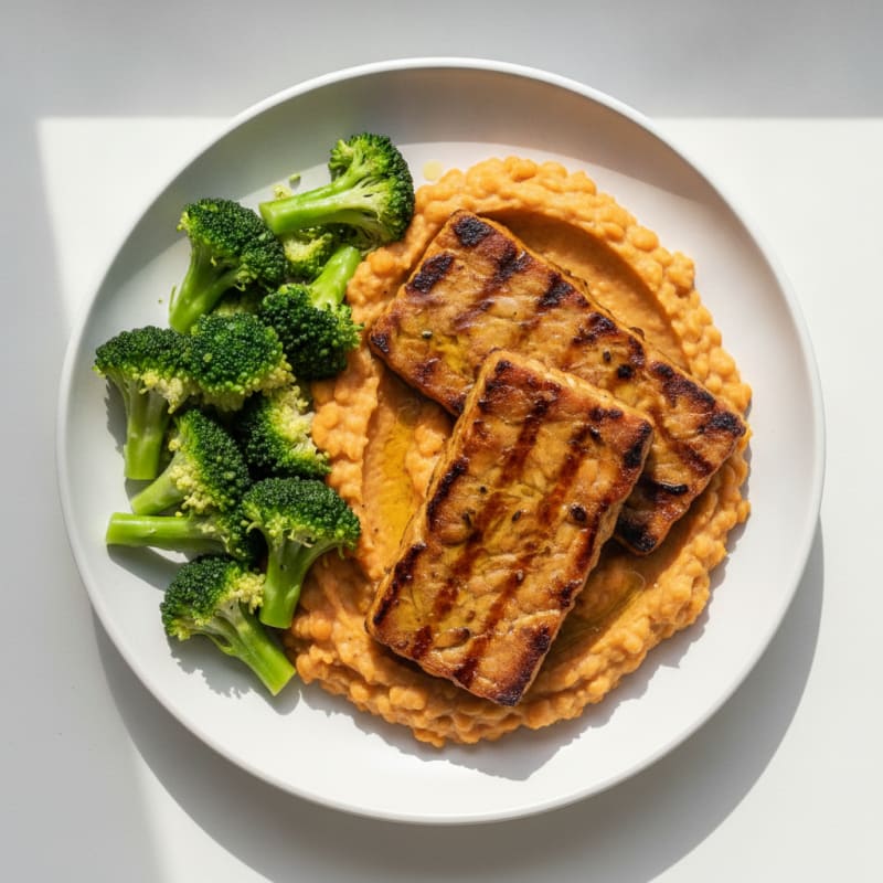 Grilled Tempeh with Silky Lentil Mash and Steamed Broccoli