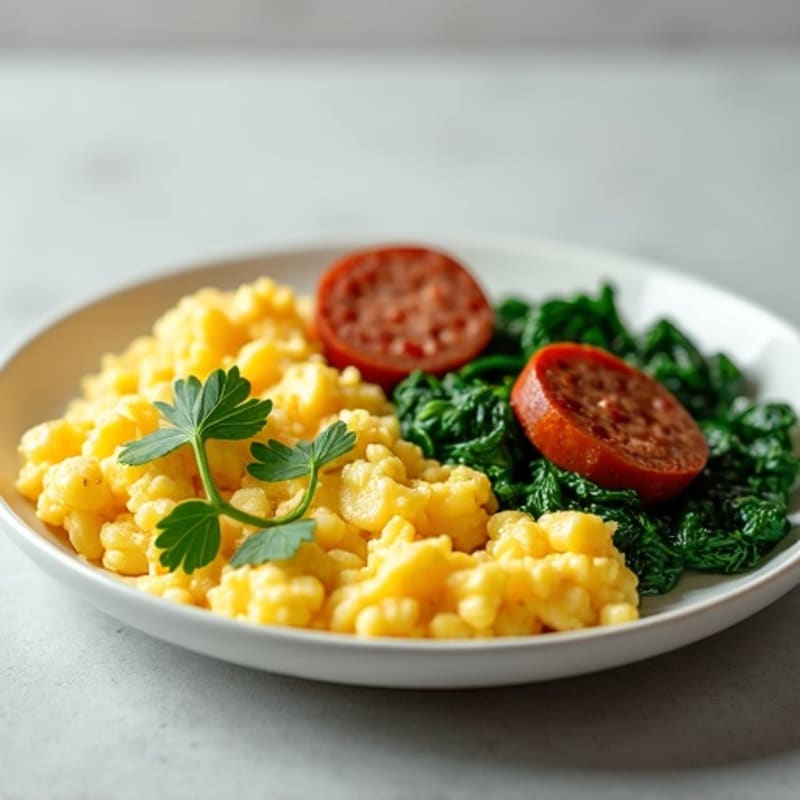 Fluffy Scrambled Eggs with Sautéed Spinach and Lean Turkey Sausage