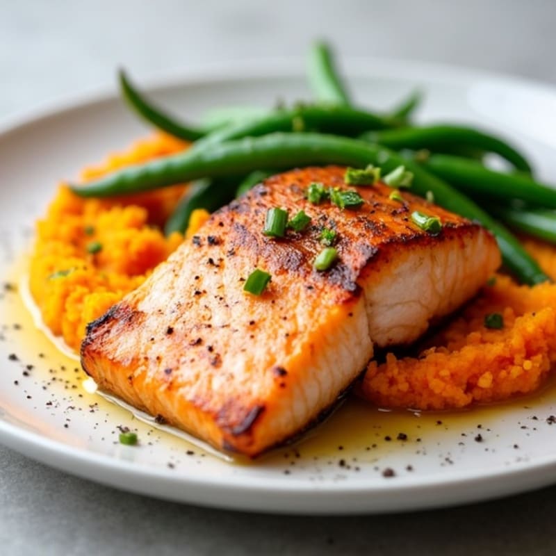 Seared Salmon Fillet with Garlic Green Beans and Sweet Potato Mash