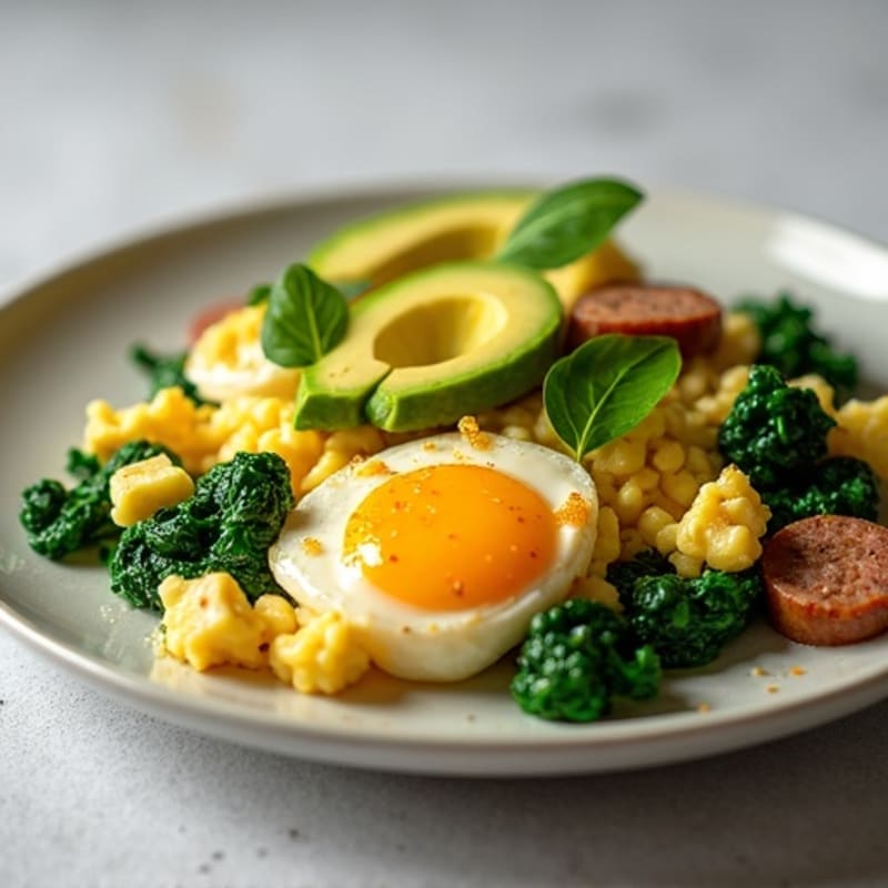 Egg White and Turkey Sausage Scramble with Sautéed Spinach