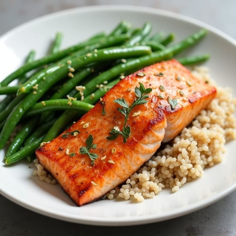 Seared Salmon with Garlic Green Beans and Brown Rice