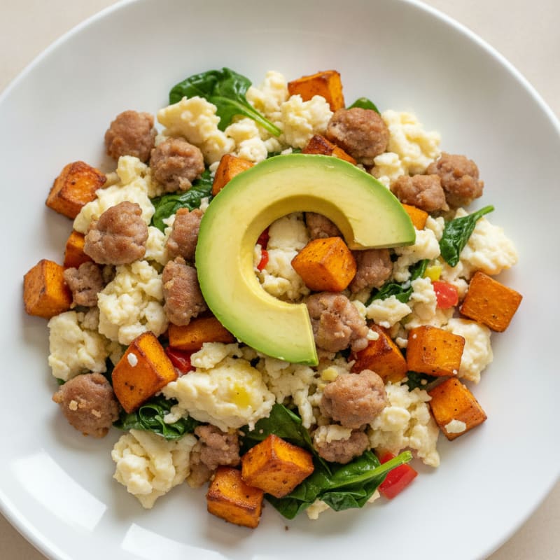 Egg White Scramble with Turkey Sausage and Roasted Sweet Potatoes
