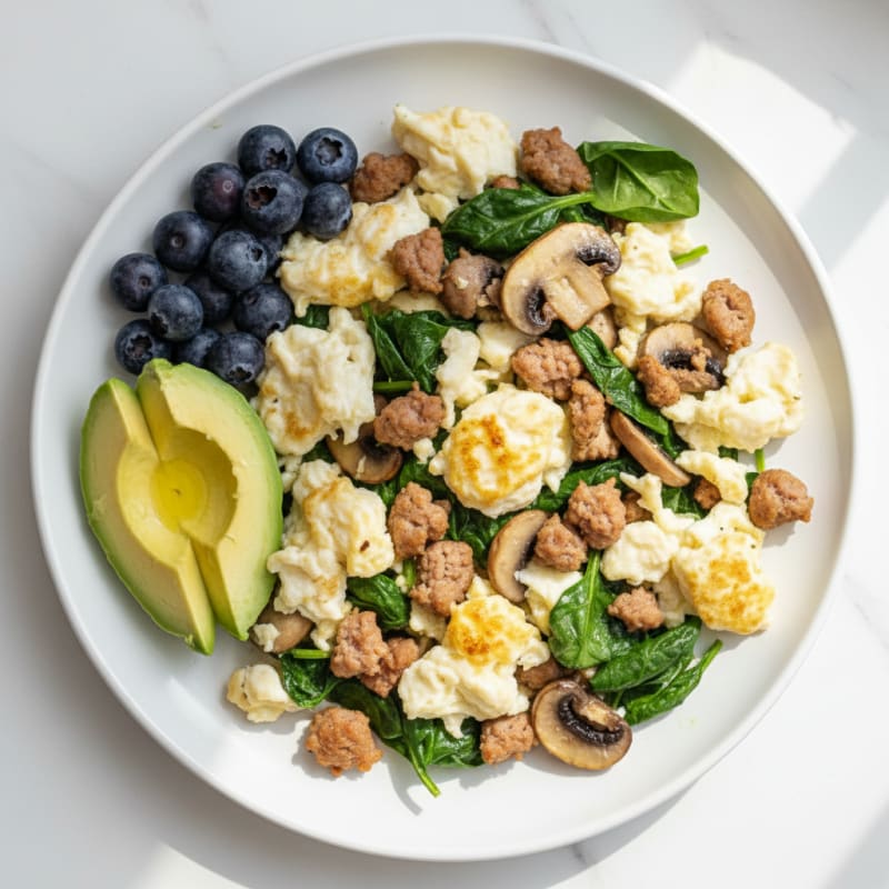 Egg White and Turkey Sausage Scramble with Spinach and Mushrooms