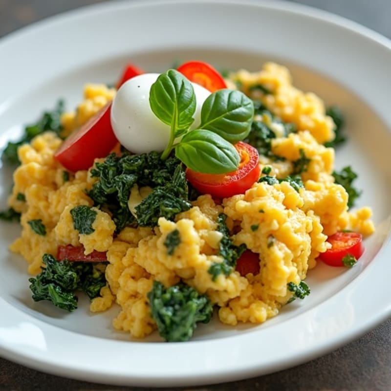Fluffy Herb Scrambled Eggs with Fresh Sautéed Spinach and Bell Peppers