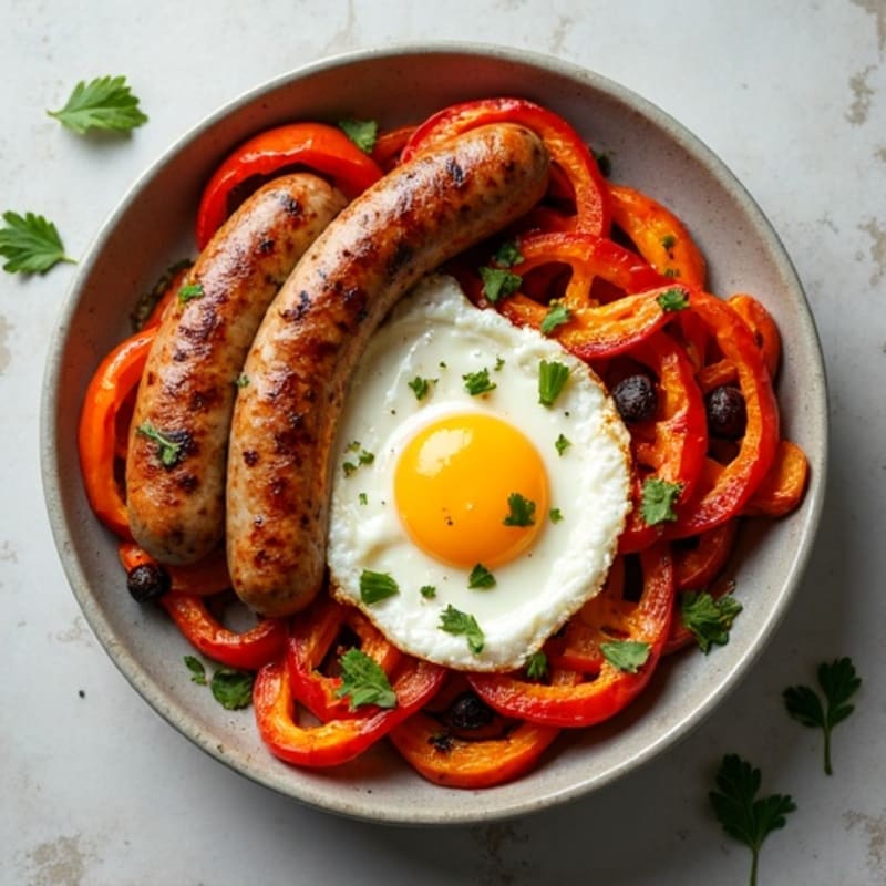 Sheet Pan Sausage and Egg Bake with Roasted Sweet Potatoes and Bell Peppers