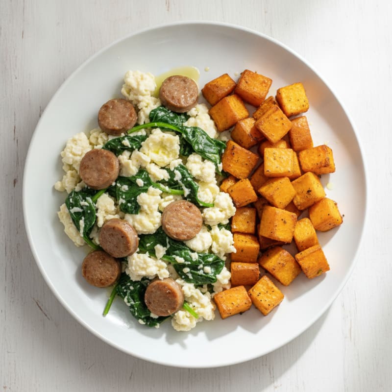 Egg White and Turkey Sausage Scramble with Spinach and Roasted Sweet Potatoes