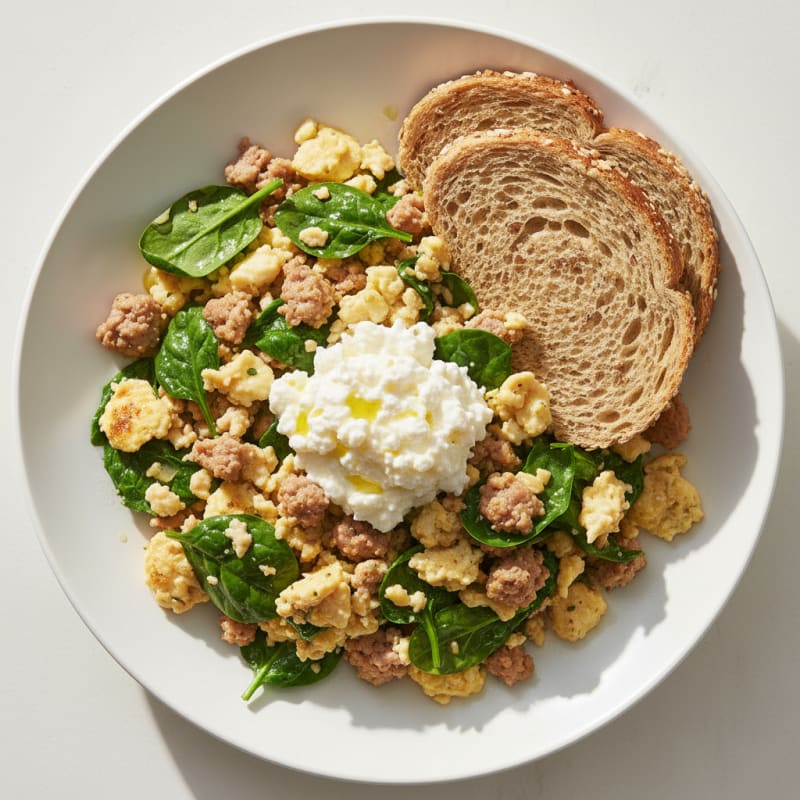 Egg White and Turkey Sausage Scramble with Spinach and Cottage Cheese