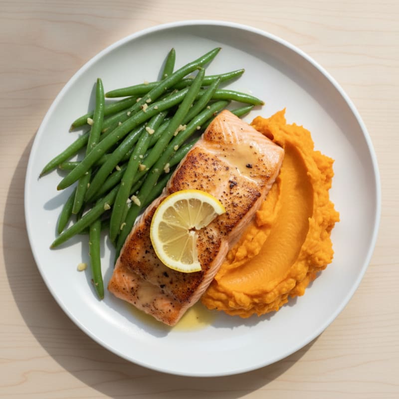 Seared Salmon with Garlic Green Beans and Sweet Potato Mash