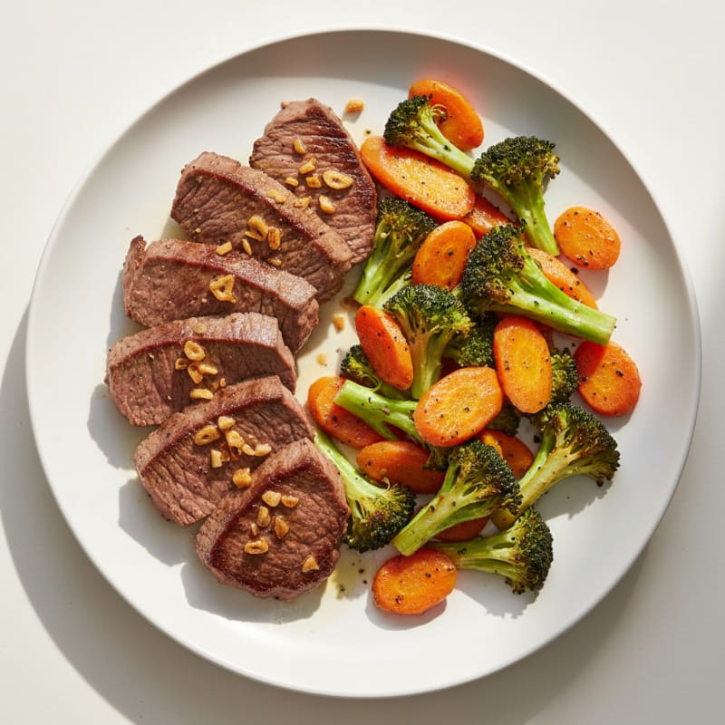 Seared Lean Beef with Roasted Broccoli and Carrots