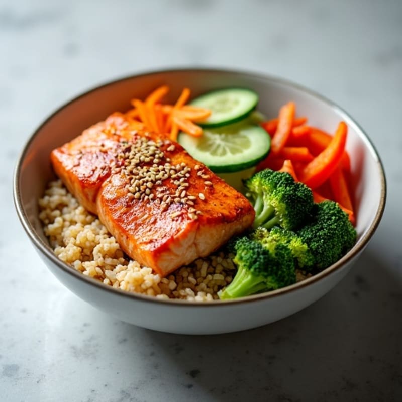 Salmon Sesame Ginger Rice Bowl with Fresh Crispy Vegetables