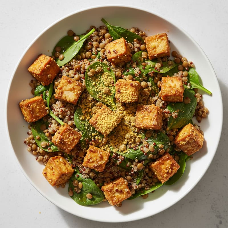 Crispy Lentil and Quinoa Power Bowl with Roasted Tofu
