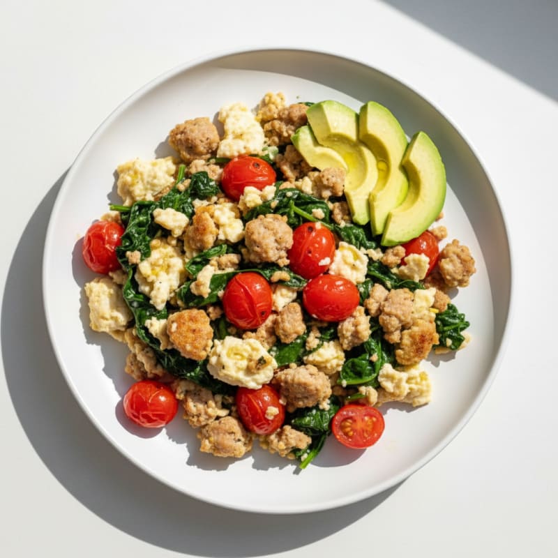 Egg White and Turkey Sausage Scramble with Spinach and Cherry Tomatoes