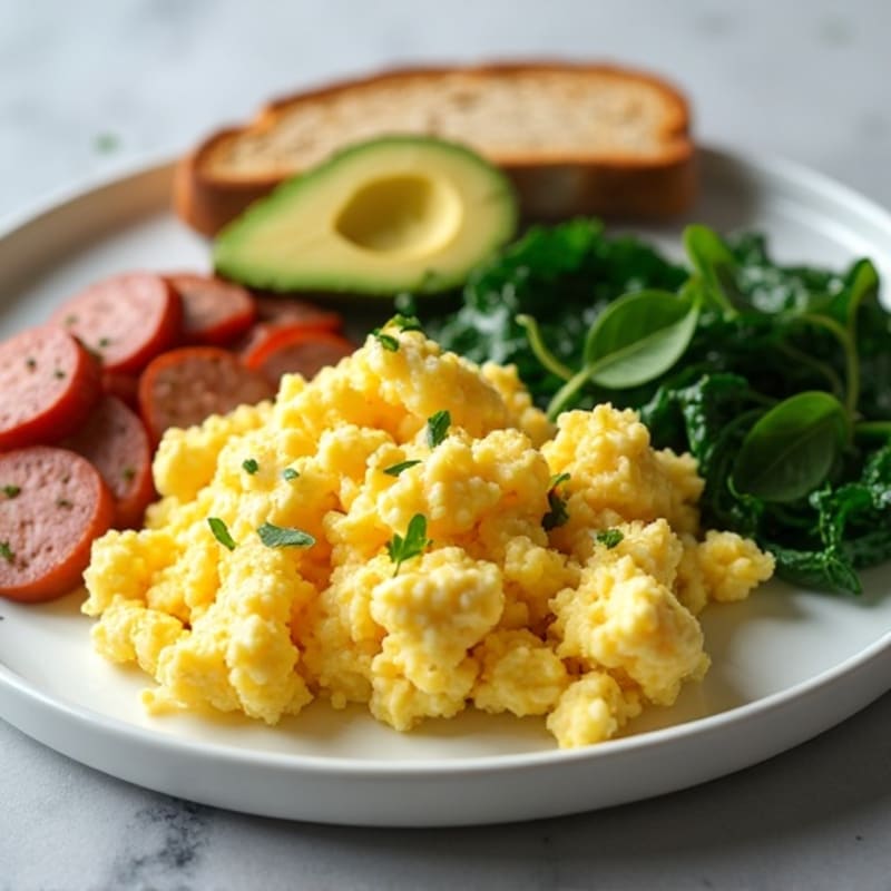Egg White and Turkey Sausage Scramble with Sautéed Spinach