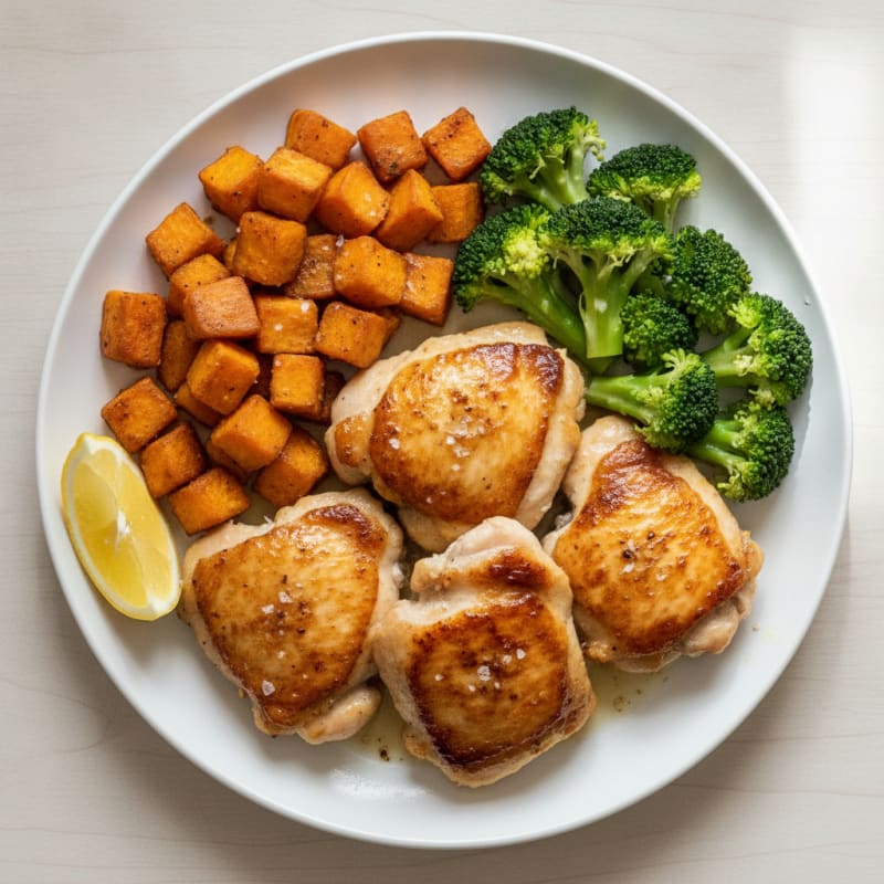 Seared Chicken Thighs with Roasted Sweet Potato and Steamed Broccoli