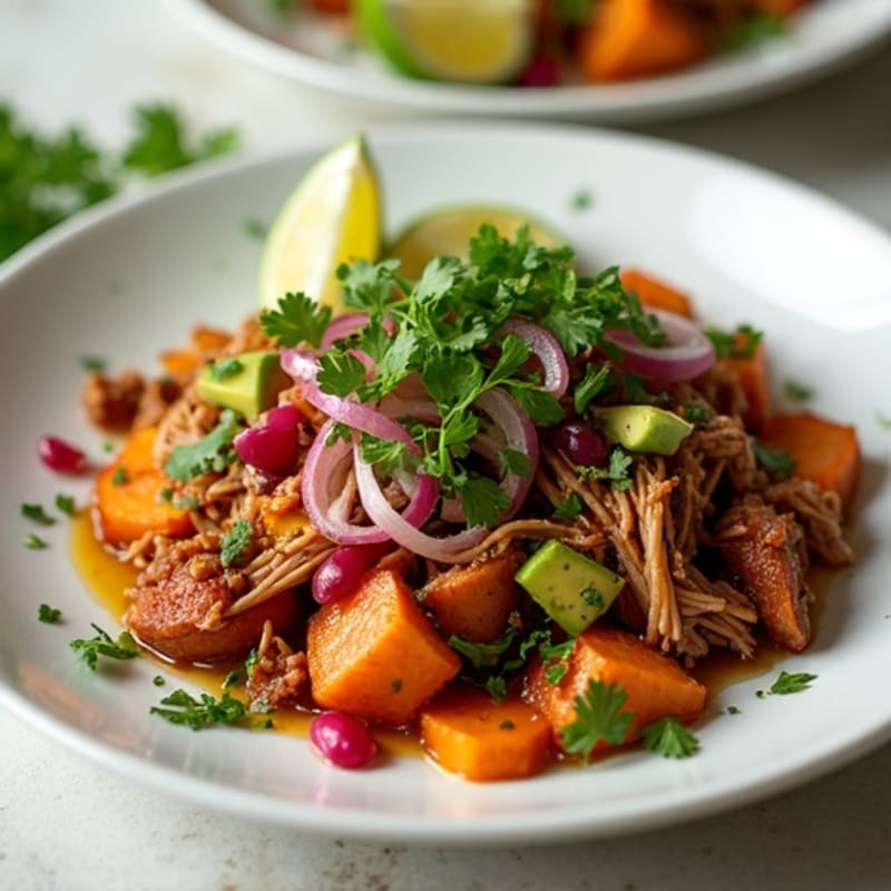 Slow-Cooked Pulled Pork with Crispy Roasted Sweet Potato and Fresh Toppings