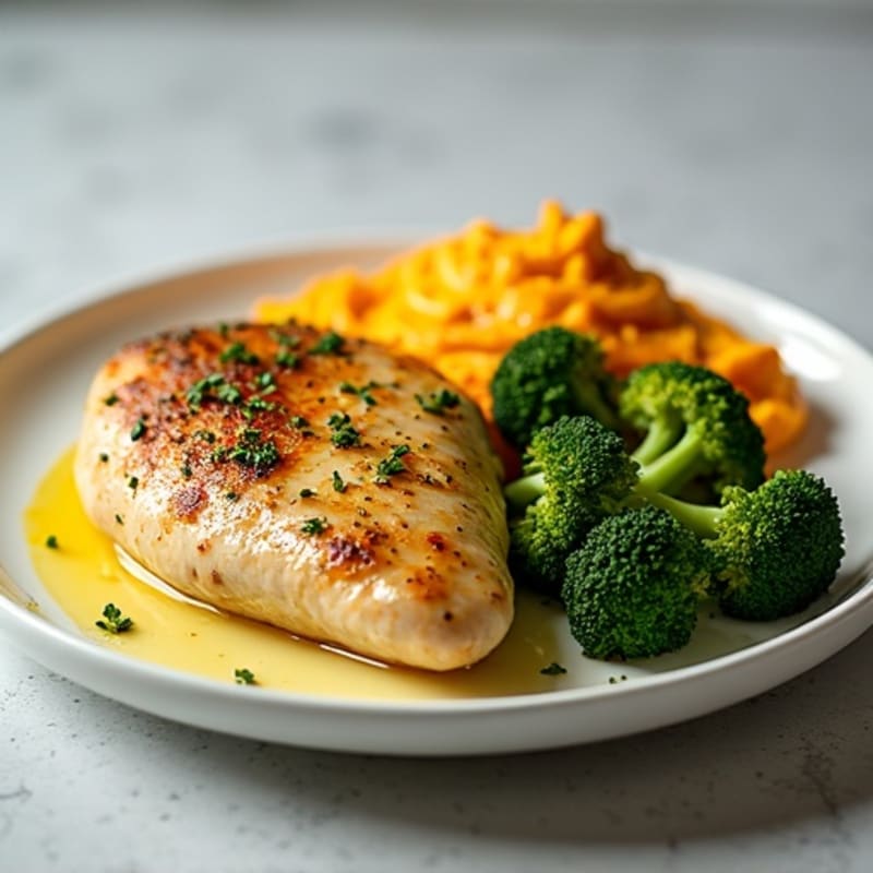 Lemon Herb Roasted Chicken with Creamy Roasted Red Pepper Hummus and Crispy Broccoli