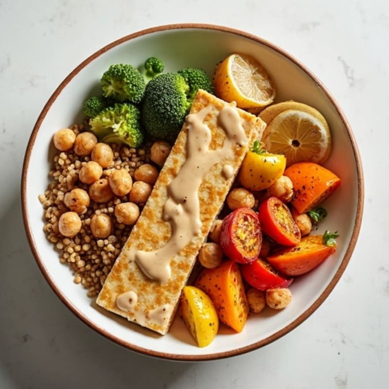 Crispy Chickpea and Roasted Vegetable Bowl with Creamy Tahini Dressing