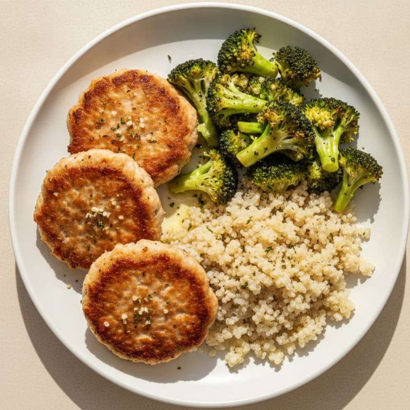 Seared Turkey Patties with Roasted Broccoli and Quinoa