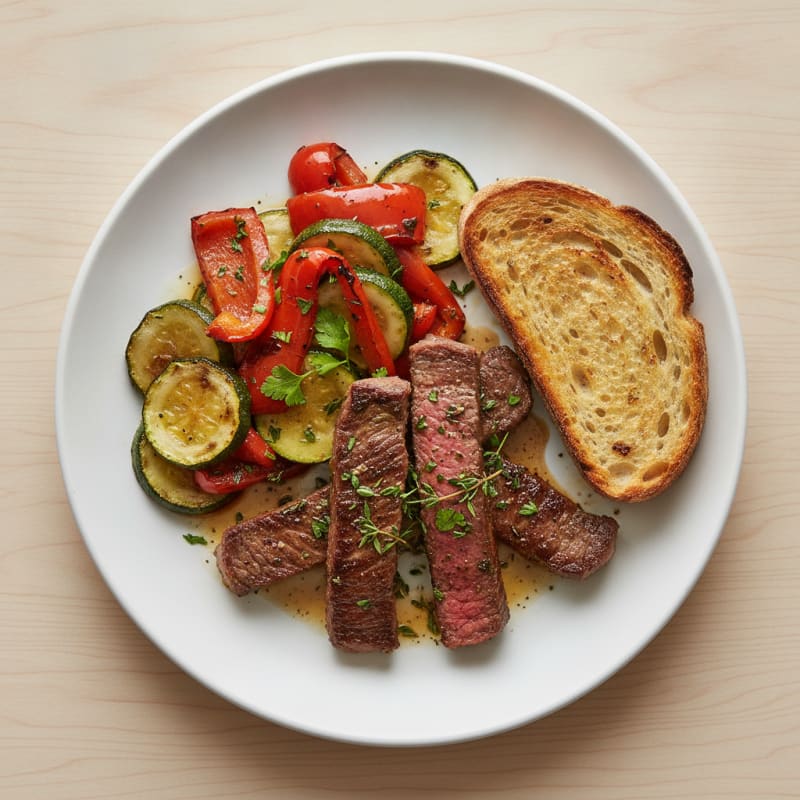 Seared Beef Strips with Roasted Vegetables and Sourdough Toast