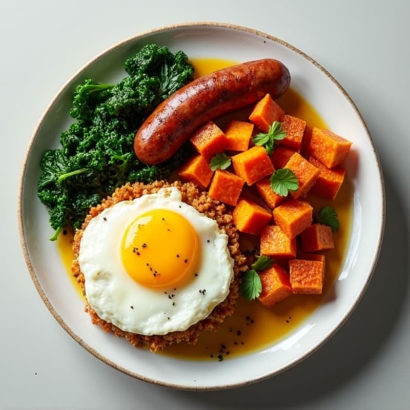 Crispy Sweet Potato and Egg Hash with Sautéed Greens
