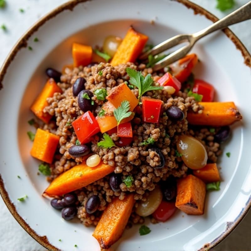 Lean Ground Beef and Roasted Sweet Potato Hash