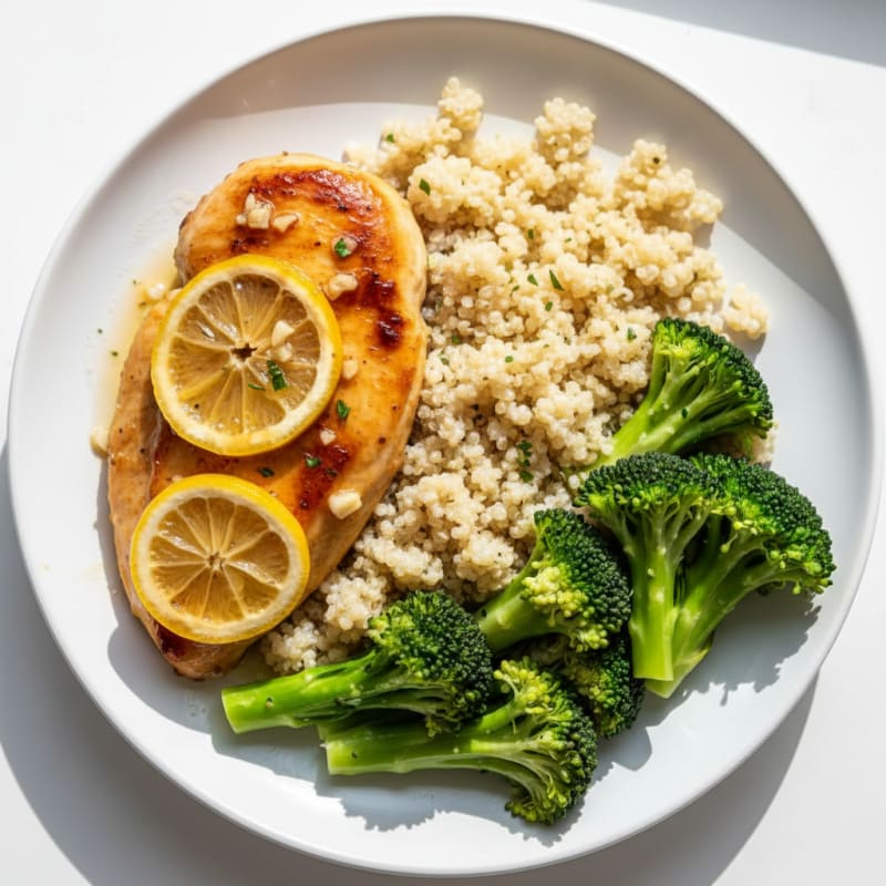 Lemon Garlic Seared Chicken with Steamed Broccoli and Quinoa