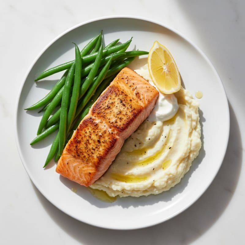 Seared Salmon with Steamed Green Beans and Garlic Mashed Cauliflower