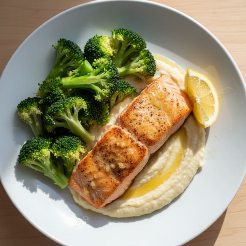 Seared Salmon with Steamed Broccoli and Garlic Cauliflower Mash