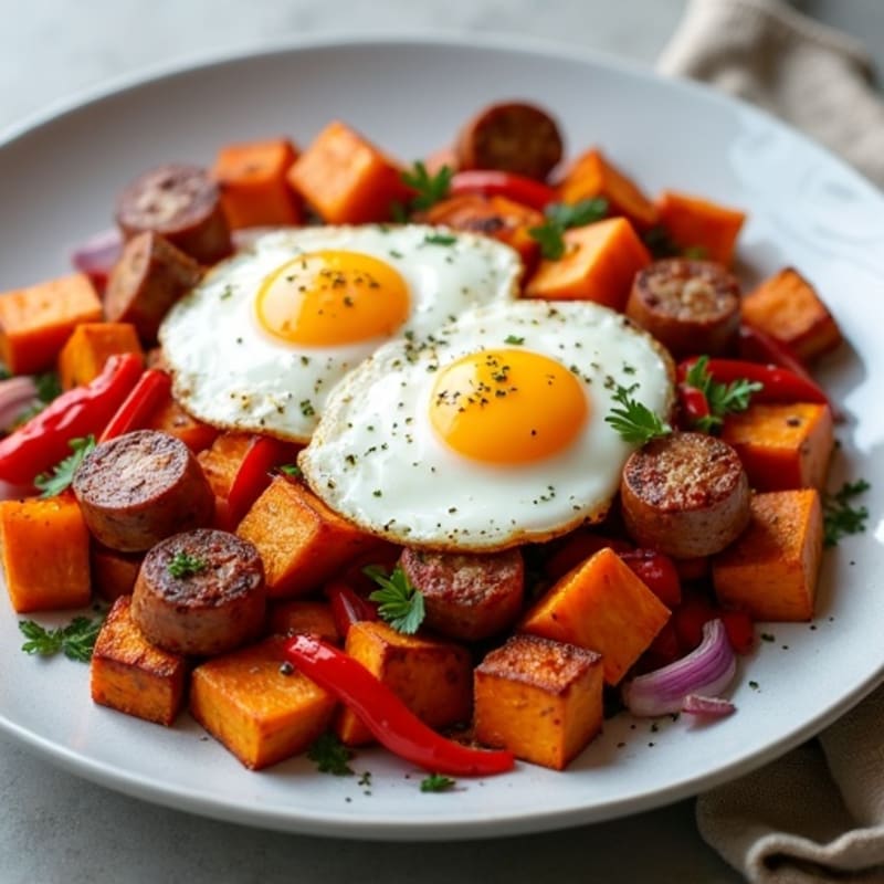 Sheet Pan Roasted Sausage and Sweet Potato Hash with Eggs