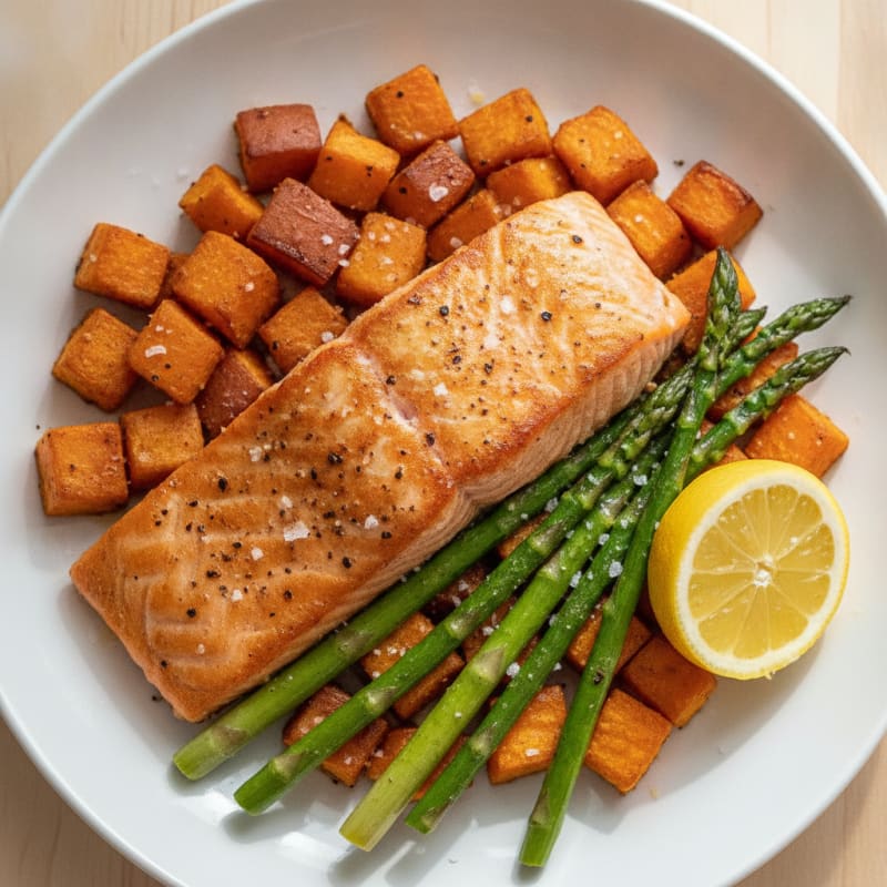 Seared Salmon with Roasted Sweet Potato and Asparagus