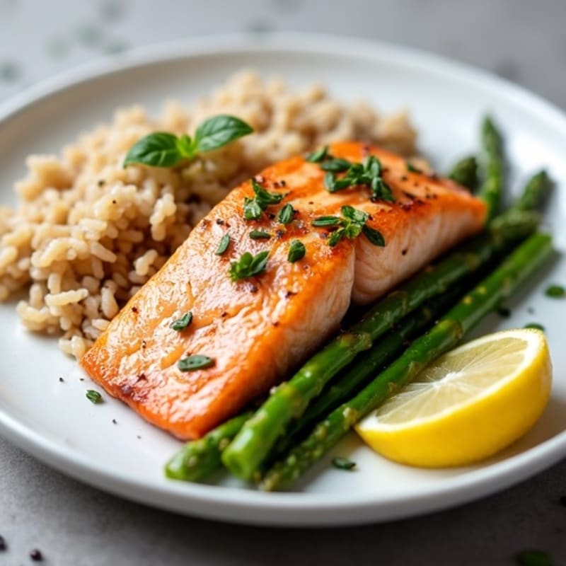 Seared Salmon with Steamed Asparagus and Brown Rice