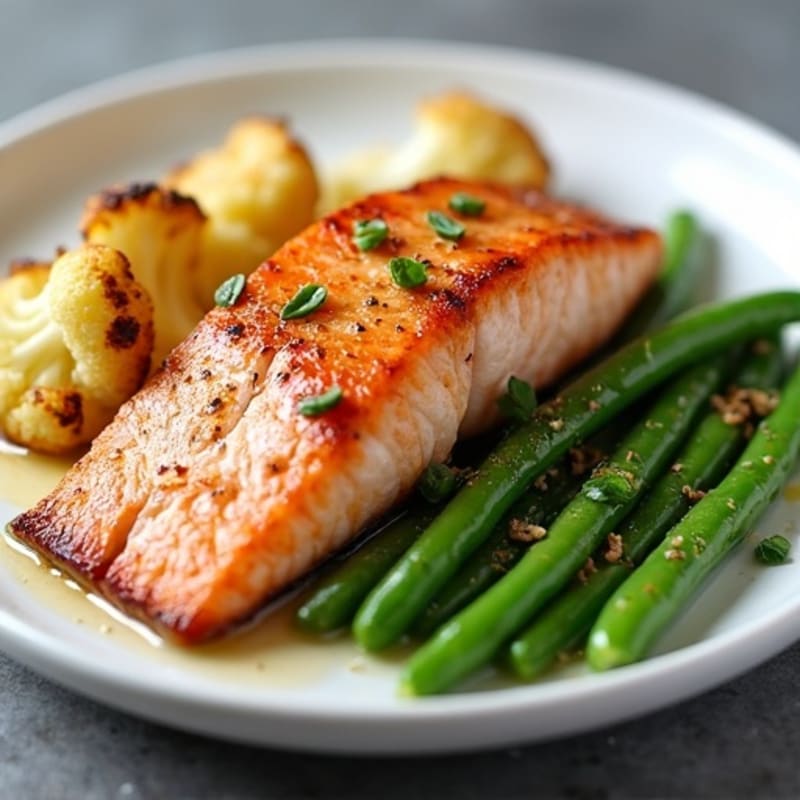 Seared Salmon with Garlic Green Beans and Roasted Cauliflower