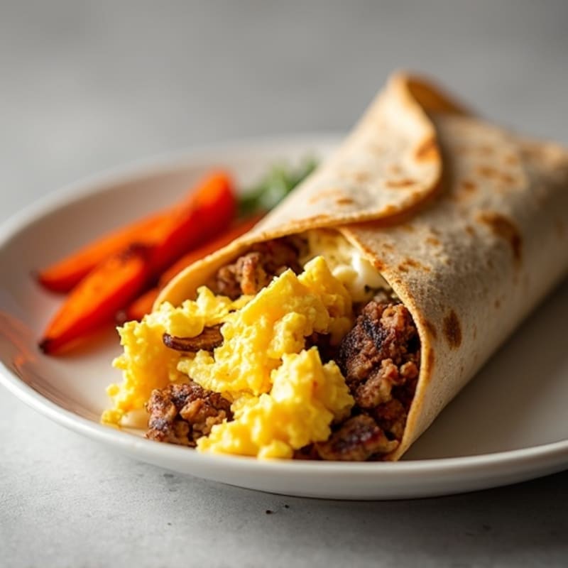 Lean Turkey Sausage and Scrambled Egg Breakfast Burrito with Crispy Sweet Potatoes
