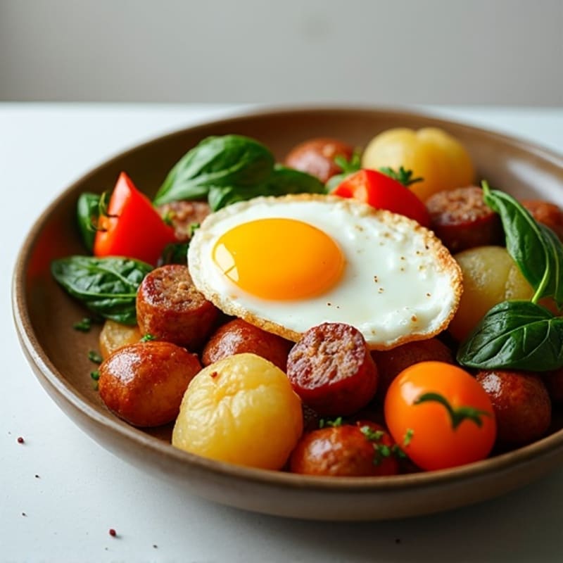 Crispy Potato Hash with Lean Turkey Sausage, Fluffy Eggs, and Fresh Vegetables
