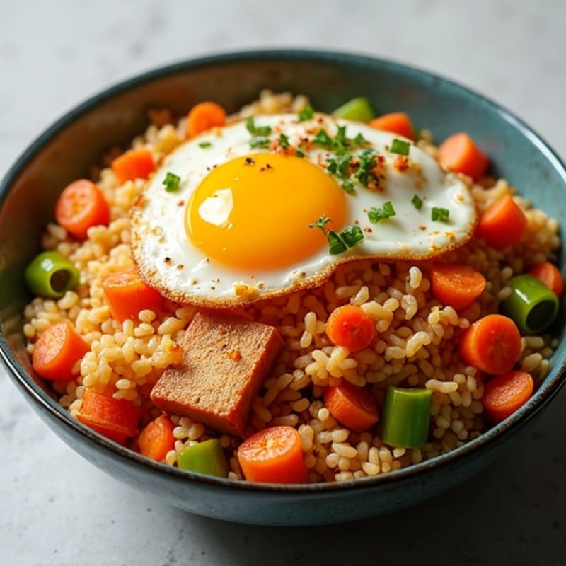Kimchi Stir-Fried Rice with Crispy Eggs and Fresh Vegetables