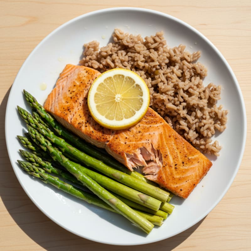 Seared Salmon with Steamed Asparagus and Brown Rice