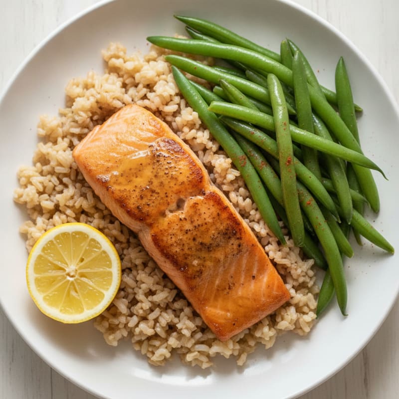 Seared Salmon Fillet with Steamed Green Beans and Brown Rice