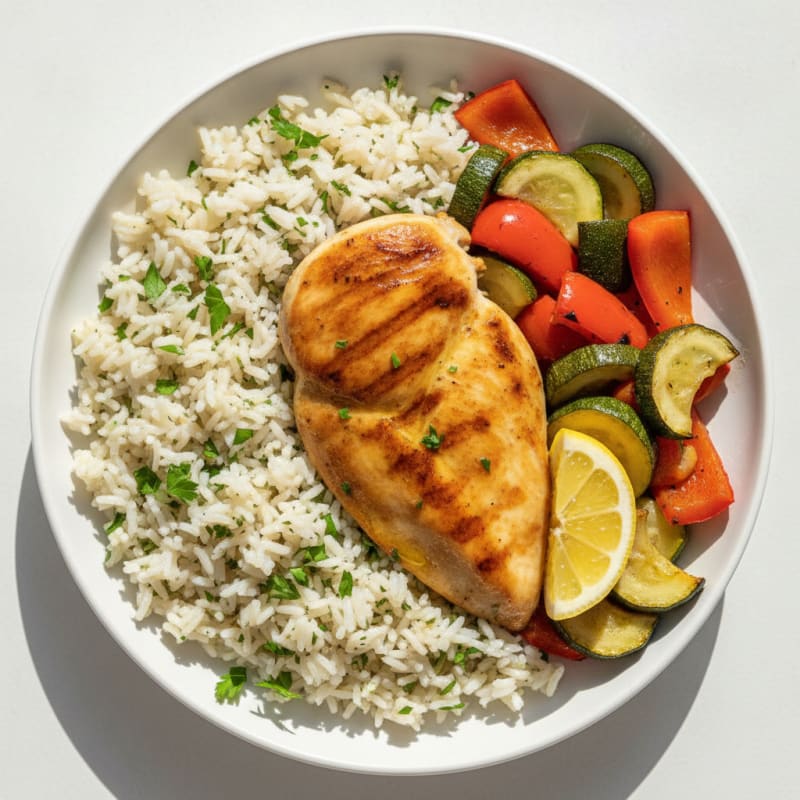 Seared Chicken Breast with Roasted Vegetables and Herb-Flavored Rice