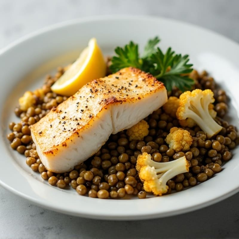 Seared Cod with Roasted Cauliflower and Lentil Salad