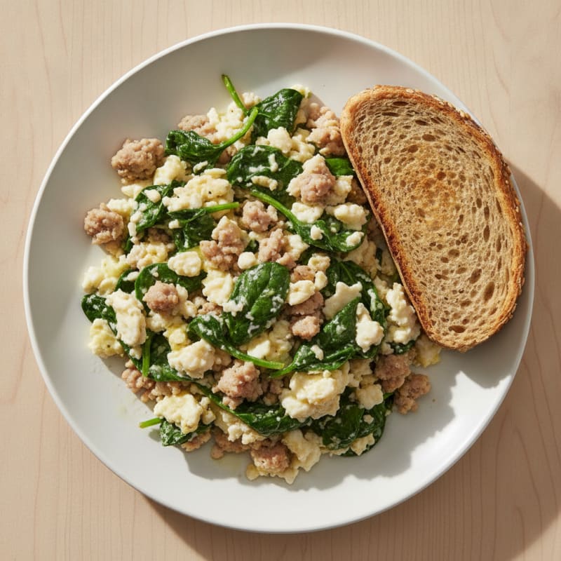 Egg White and Turkey Sausage Scramble with Sautéed Spinach