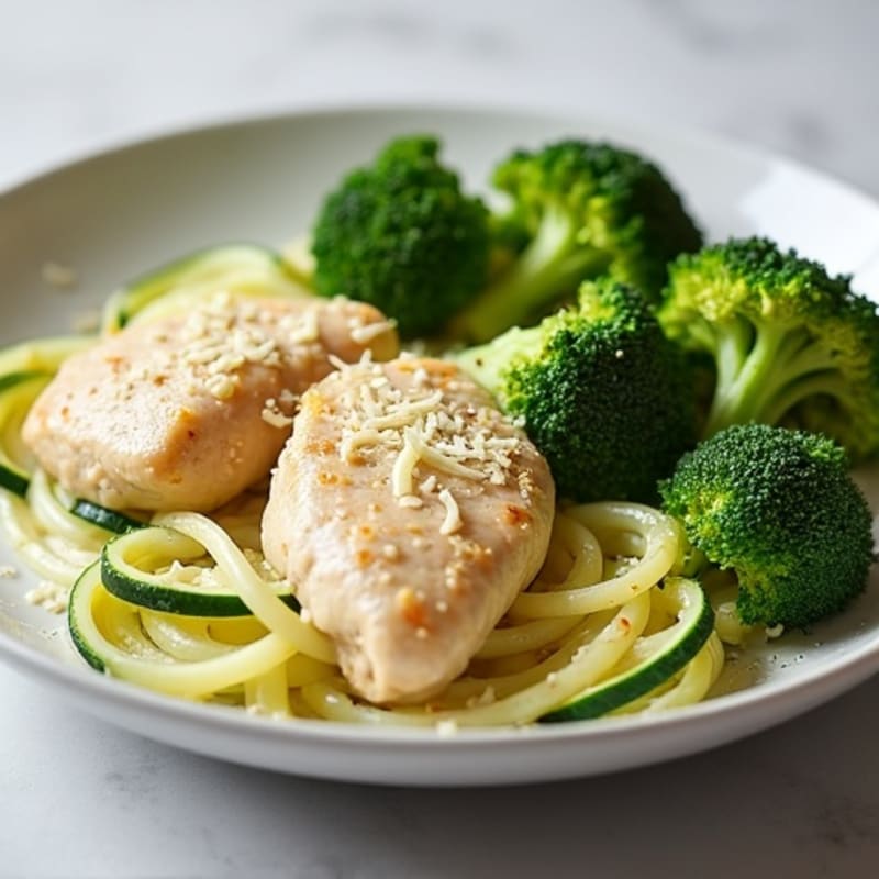 Lightened-Up Creamy Chicken Alfredo with Roasted Broccoli