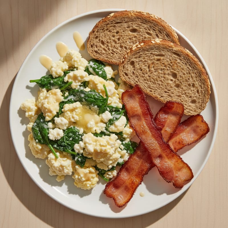 Cottage Cheese Scramble with Spinach and Turkey Bacon