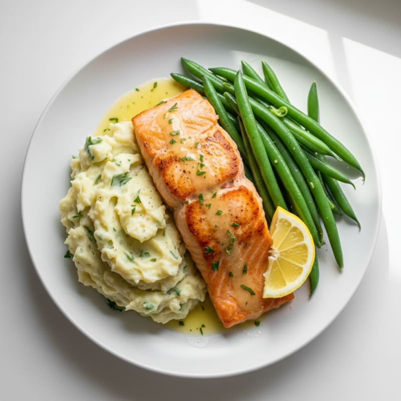 Seared Salmon Fillet with Steamed Green Beans and Garlic Mashed Potatoes