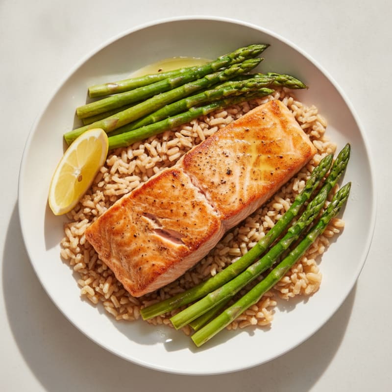 Seared Salmon with Steamed Asparagus and Brown Rice
