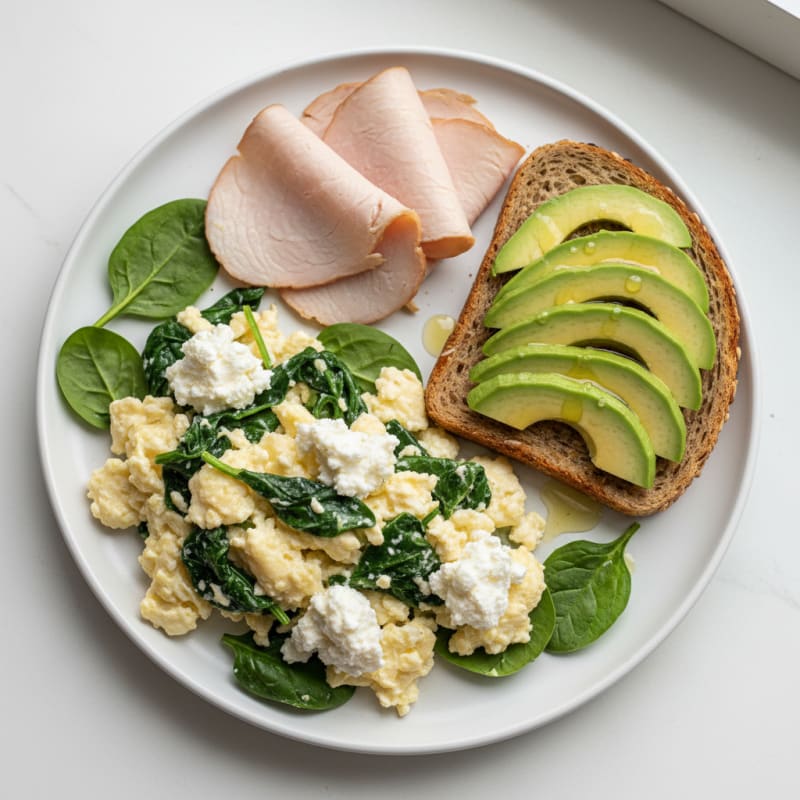 Egg White Spinach Scramble with Cottage Cheese and Sliced Turkey