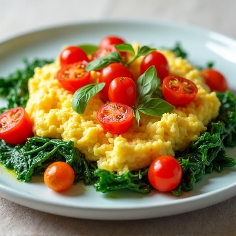 Fluffy Scrambled Eggs with Sautéed Spinach and Cherry Tomatoes