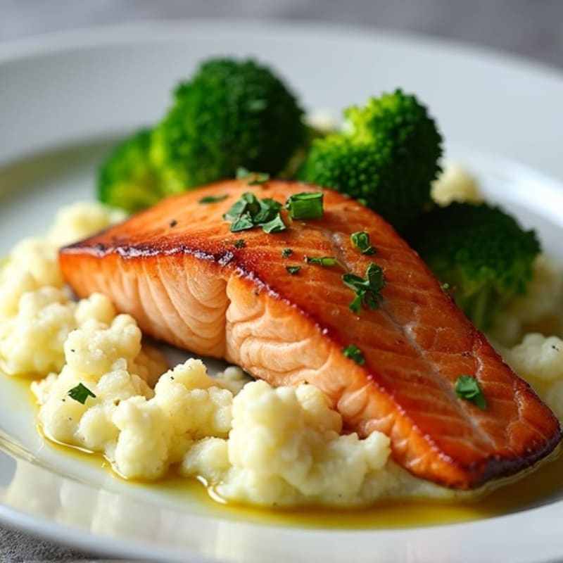 Seared Salmon Fillet with Steamed Broccoli and Garlic Cauliflower Mash