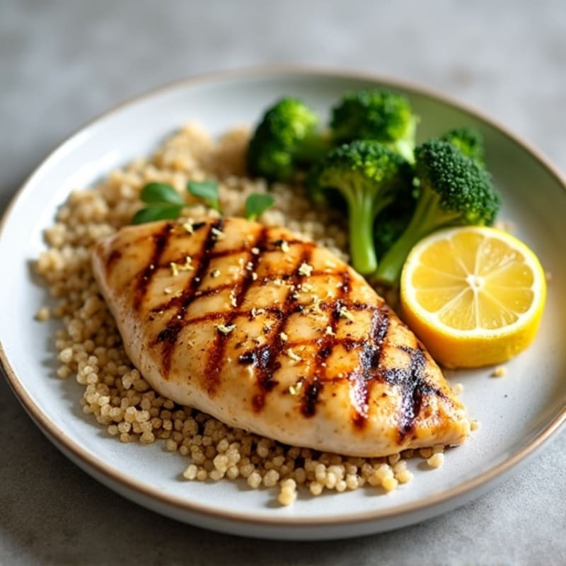 Grilled Lemon Garlic Chicken Breast with Quinoa and Steamed Broccoli