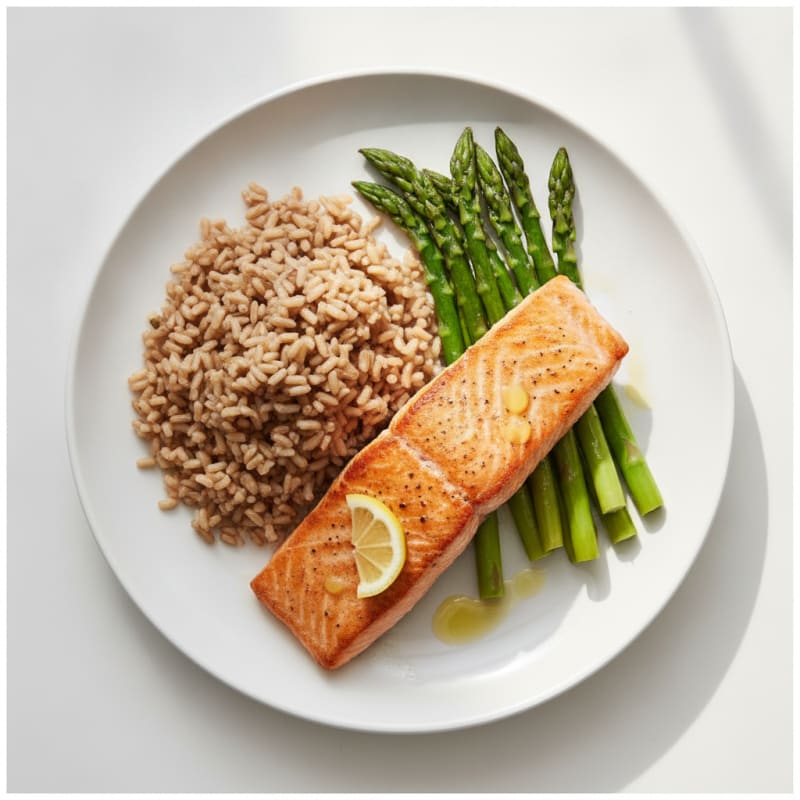 Seared Salmon Fillet with Steamed Asparagus and Brown Rice
